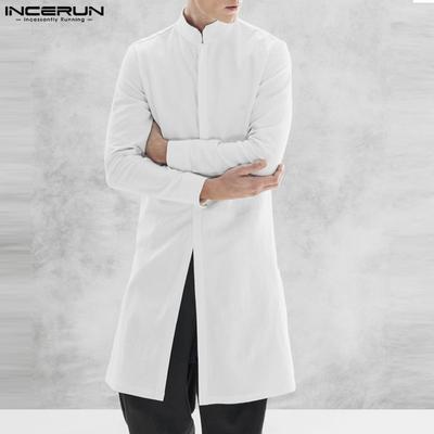 Vintage Men Long Sleeve Solid Color Button Up Stand Collar Long Shirts