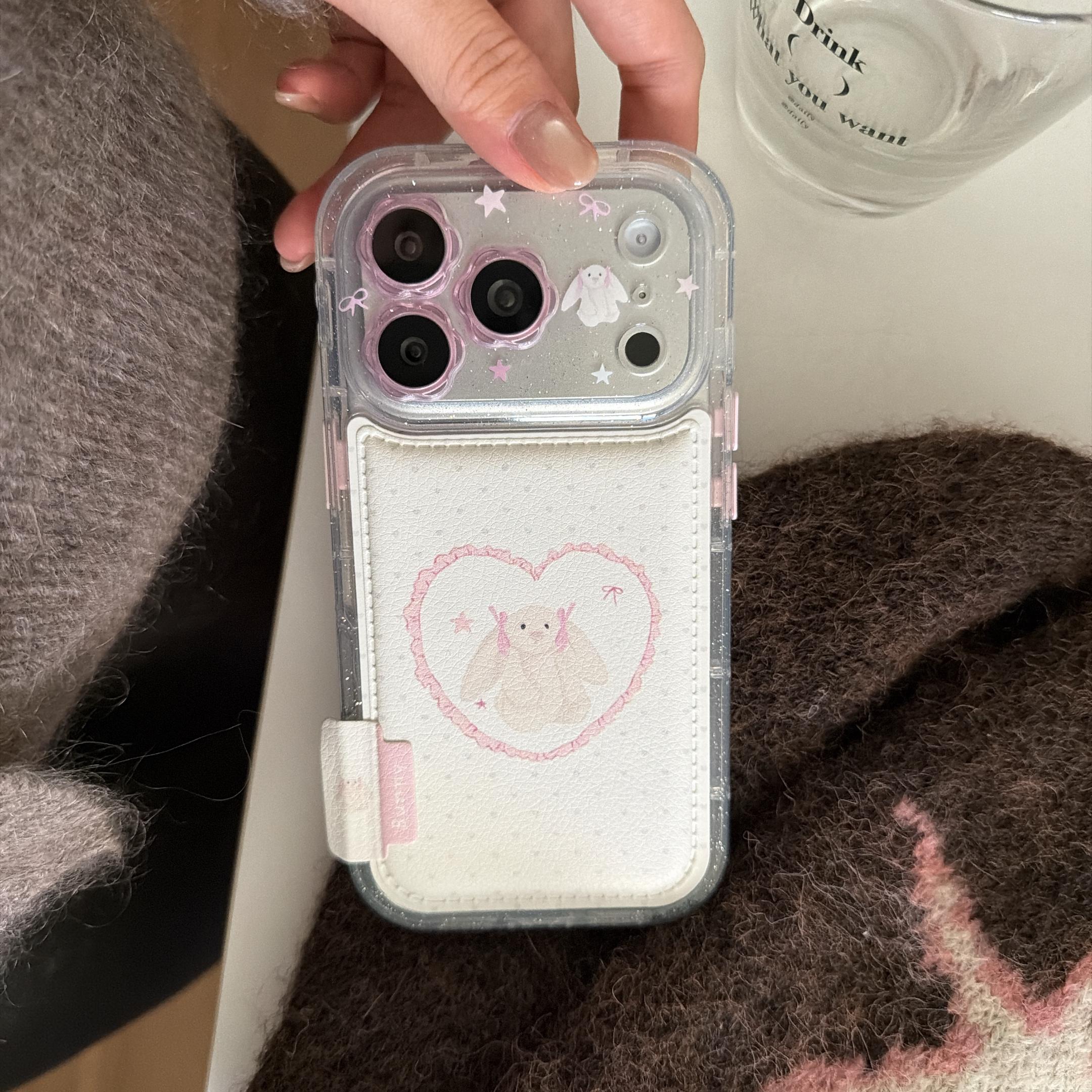 

Cute Bunny & Heart Pattern Pom-pom Bell Charm Sweet Kawaii Phone Case for iPhone 17 16 15 14 11 12 13 Pro Max Plus Back Cover iPhone 13