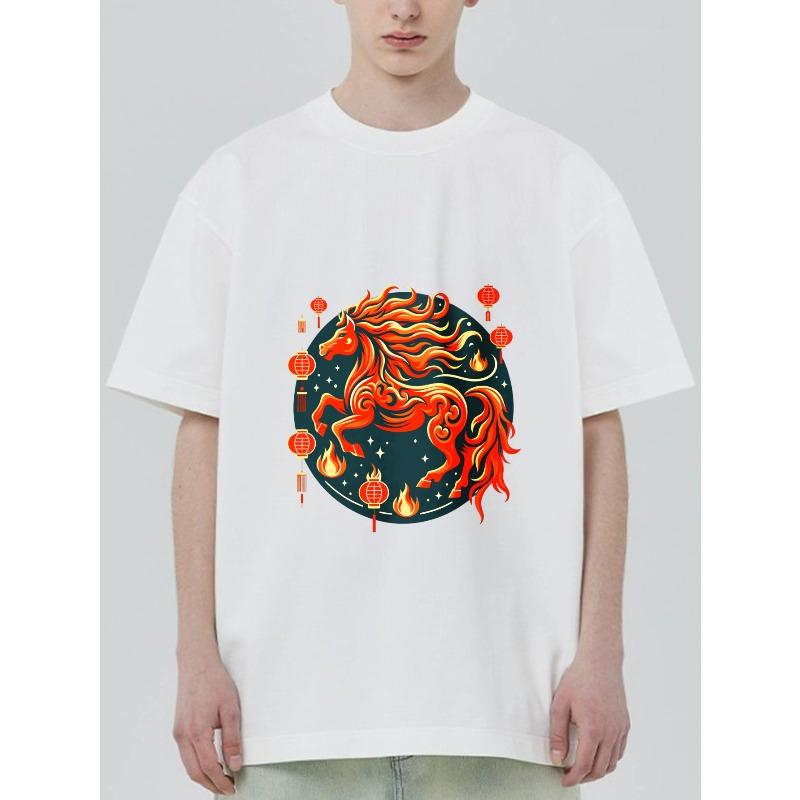 

Black T-Shirt With Fire Horse And Lanterns Print For Casual Wear XXXXL білий