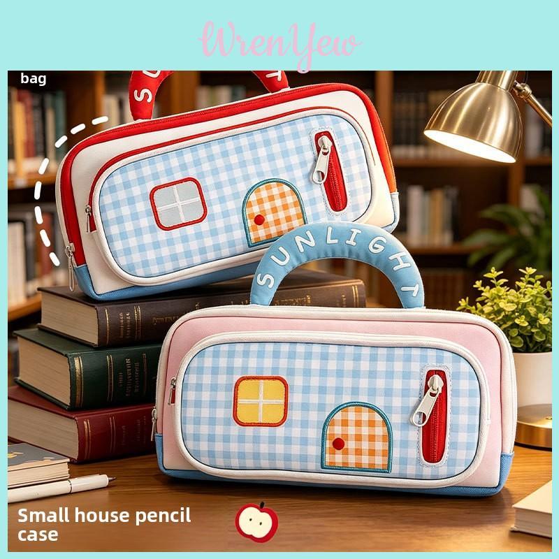 Color Blocks House Pen Case With Large Capacity For Office And School Use