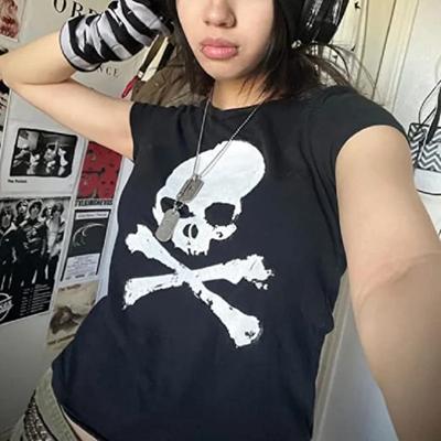 T-shirt vintage grunge con stampa grafica a maniche corte Y2k slim crop top gotico teschio punk streetwear da donna estate casual anni '90