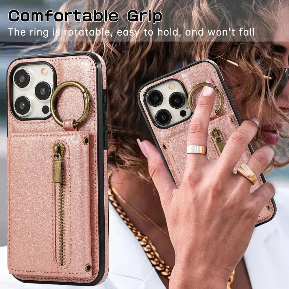 Crossbody Zipper Wallet Ring Kartenhalter Handyhülle für iPhone 16 SE 16 15 14 13 12 11 Pro Max XS X XR 7 8 Plus Lederhülle