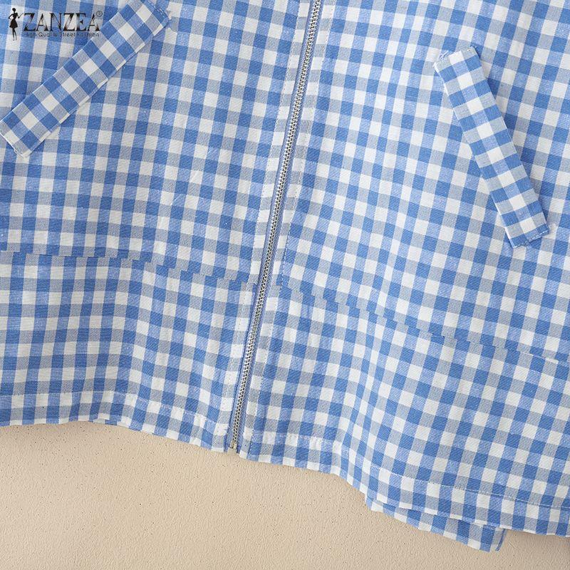 ZANZEA Women Casual Round Neck Long Sleeve Plaid Print Zipper Blouse