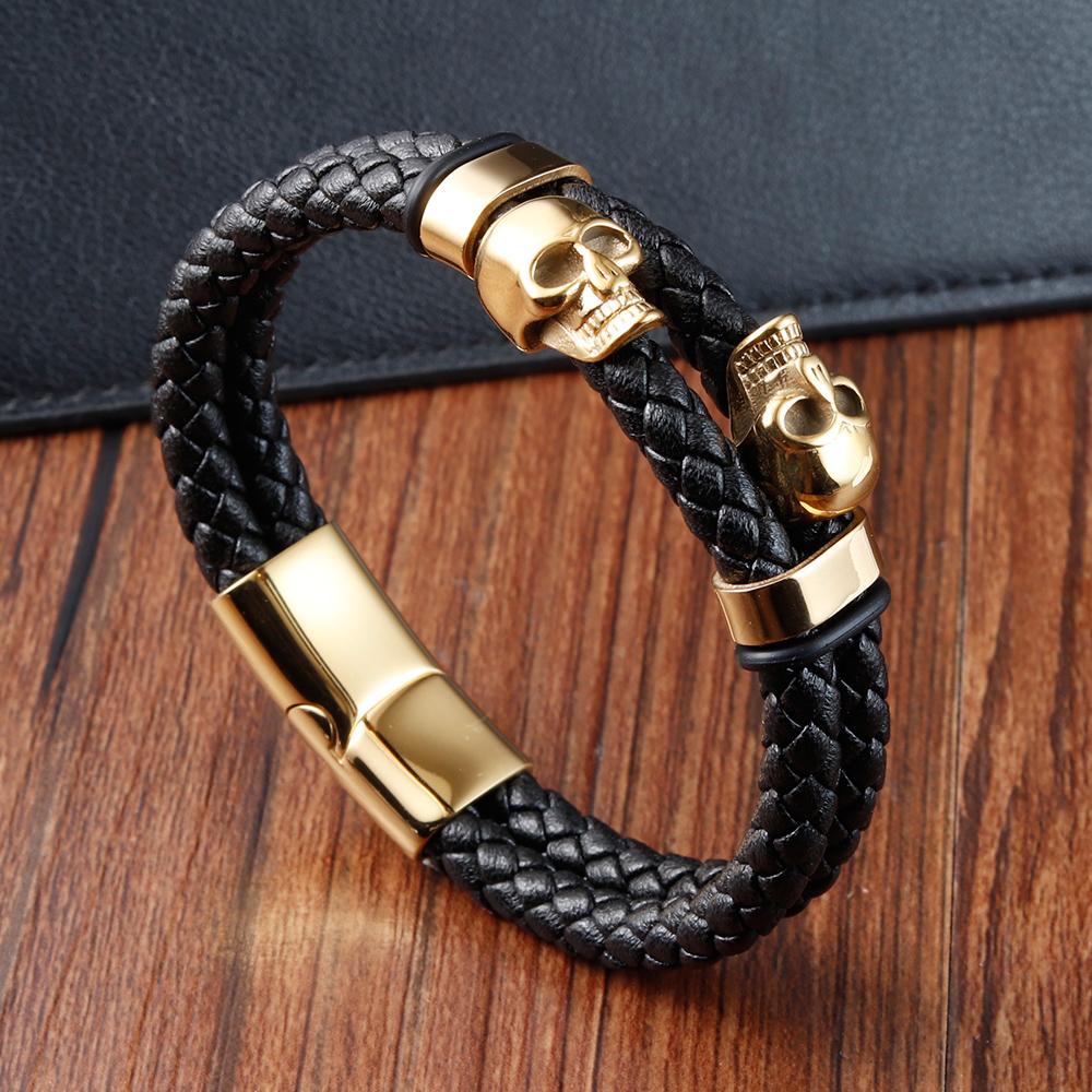 Men's Black Braided Leather Bracelet with Stainless Steel Skull Design Cool Wristband