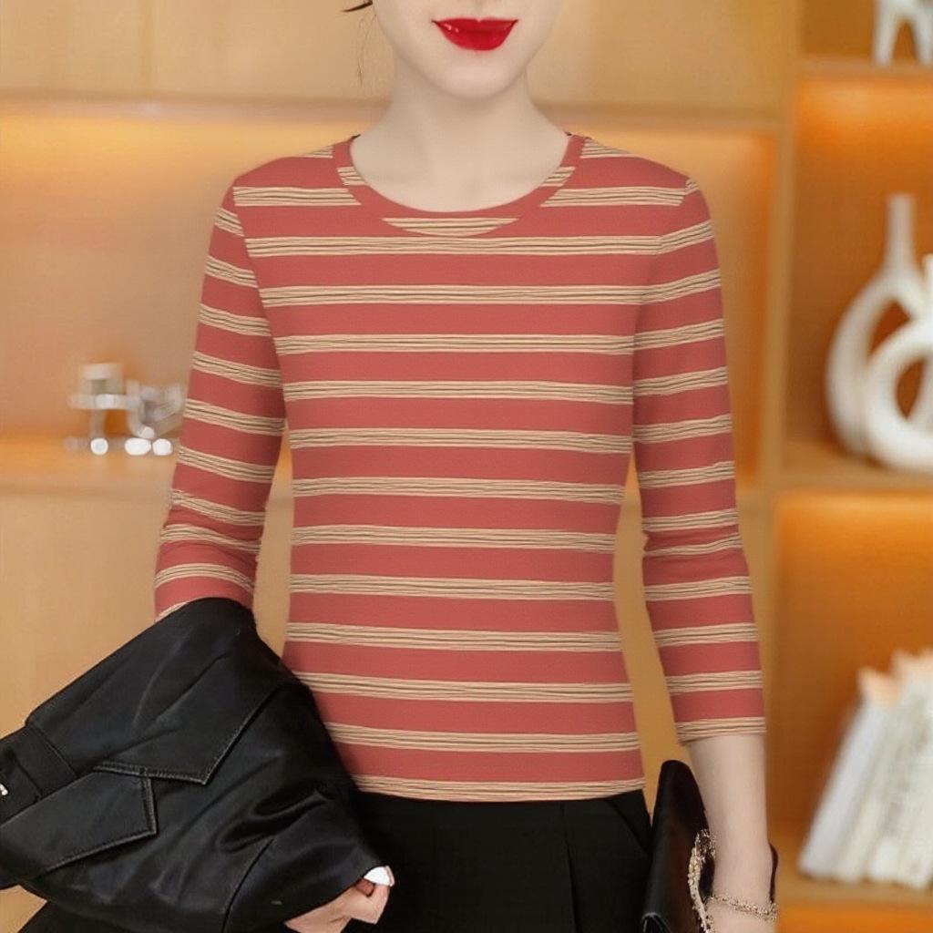Clearance Sale: Premium Striped Knitwear - Women s Long Sleeve, Round Neck, Slim Fit, Flattering Versatile Top for Middle-Aged & Elderly Women XL