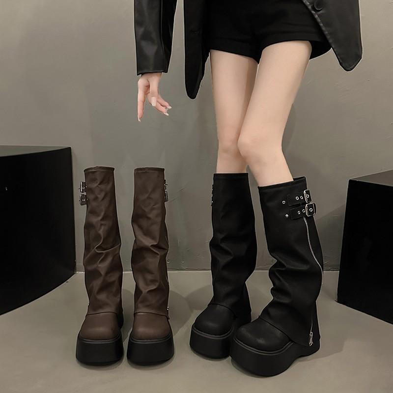 Fashion Vintage Platform Thick Bottom Woman Knight Boot Fashion Belt Buckle Ladies Autumn Winter Knee High Booties