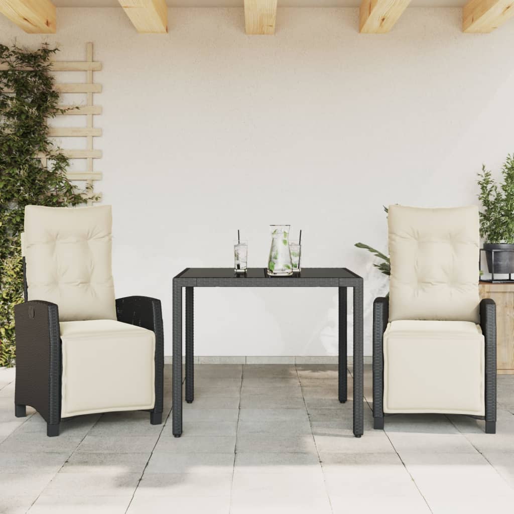 Vidaxl 3-Cz. Garden Furniture Set With Cushions, Black, PE Rattan