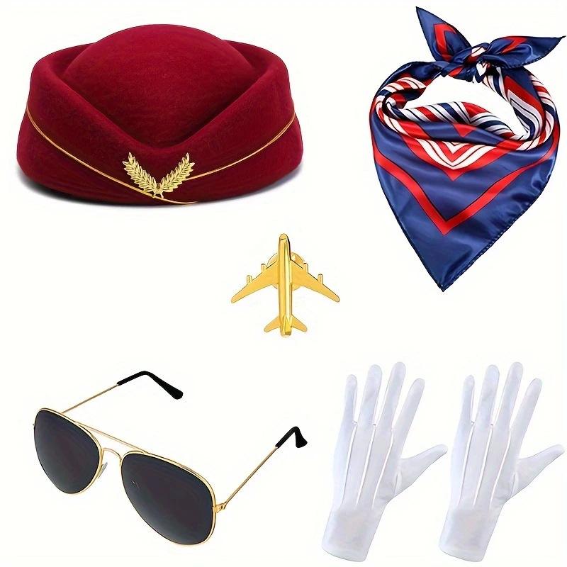 5-teiliges/Set Pilot Flugbegleiterin Uniform Set mit Barett Schal Handschuhe Sonnenbrille Flugzeugabzeichen für Stoff Kunststoff Zubehör