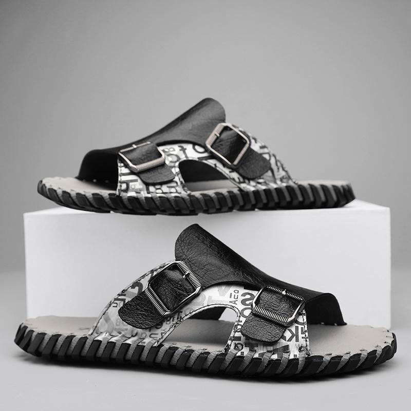 Men's Slippers Extra Wide Slide Sandals Outdoor Beach Casual Soft Walking Leather Flat Sandals Plus Size
