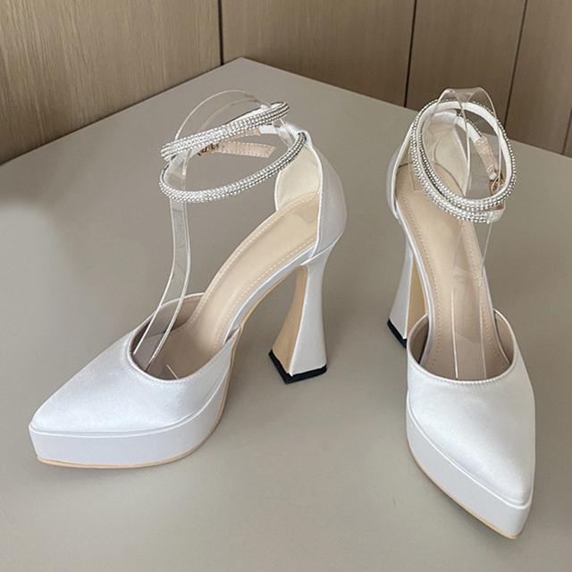 

Сексуальные женские туфли-лодочки на высоком каблуке с ремешком на щиколотке с кристаллами, модные однотонные шелковые туфли на платформе с острым носком, массивные вечерние туфли для выпускного вечера 35 белый