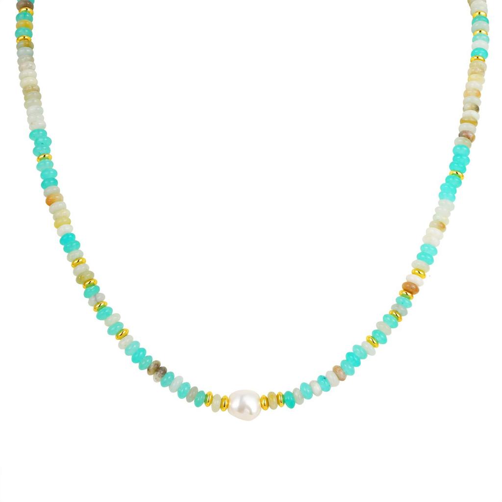 Jewelry, Stainless Steel Chain, Natural Stone Beaded Gold Necklace Ladies Nc-2296