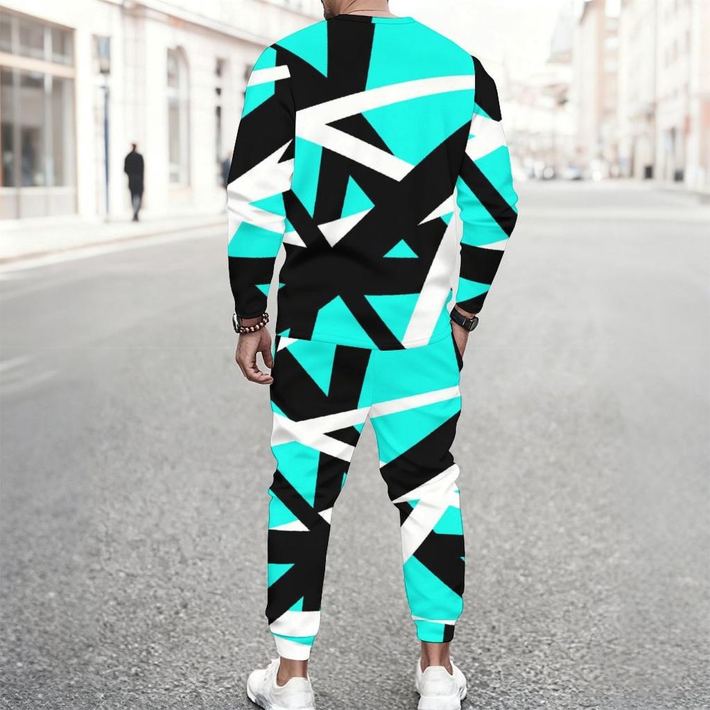 Men Cyan Base Gold Glitter Leopard Splicing Print Long Sleeve Sweatshirt Jogger Pants Two Piece Suit