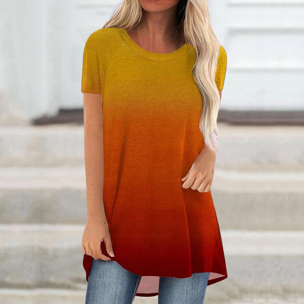 Gradient Color 3D Print Long T-Shirts Women Casual Streetwear Oversized O-Neck Short Sleeve T Shirt Y2K Tops Tees Woman Clothing