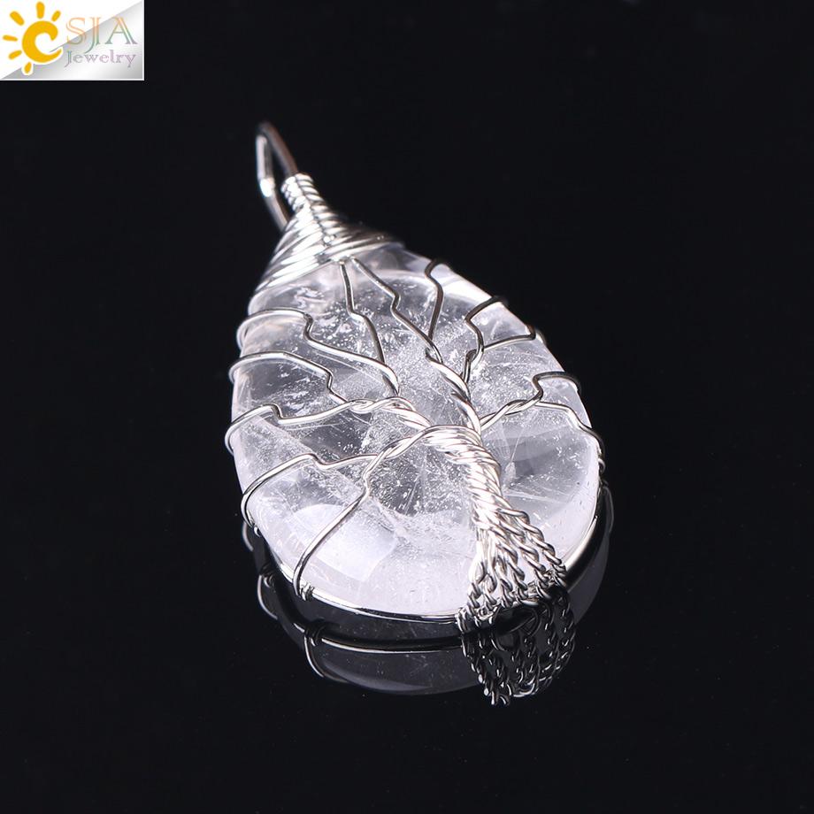 CSJA Tree of Life Crystals Necklace Pendant Water Drop Natural Stone Necklaces Wire Wrap Rose Amethysts Quartz Tiger Eye G953