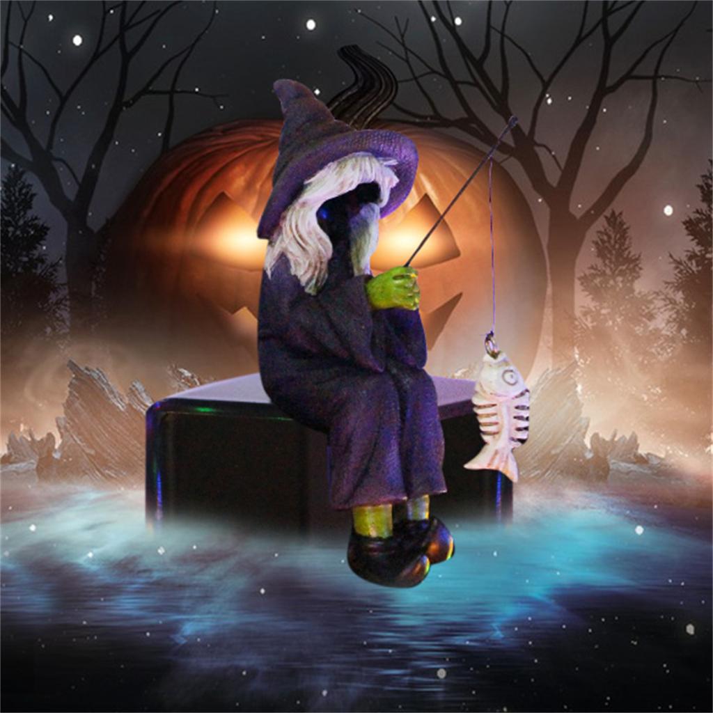 Halloween Fishing Witch Statue, 4.6" Tall Fishing Witch Ornament, Resin Sitting Witch Figurine Outdoor Decor For Garden Yard Lawn Pond