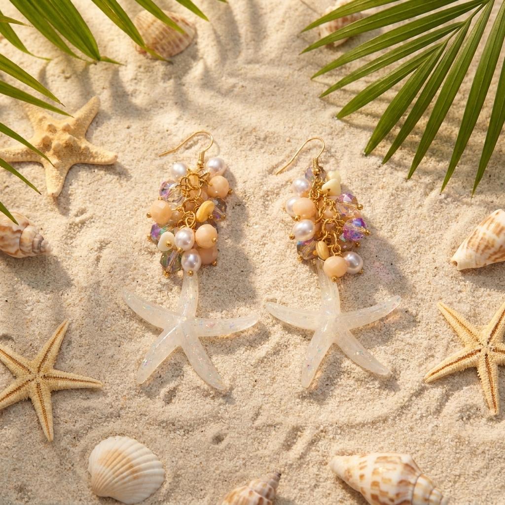 Imitation Perlen Kristall Traubenperlen Hängeohrringe für Damen Weiße Harz Seestern Ohrringe Boho Sommerurlaub Schmuck Geschenk