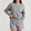 Women's Solid Color Textured Casual Set Long Sleeve Shorts Drawstring Two-Piece Set