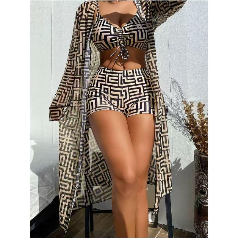 New European and American Women's Split Swimsuit Blouse Three-piece Gather Beach High-waisted Bikini