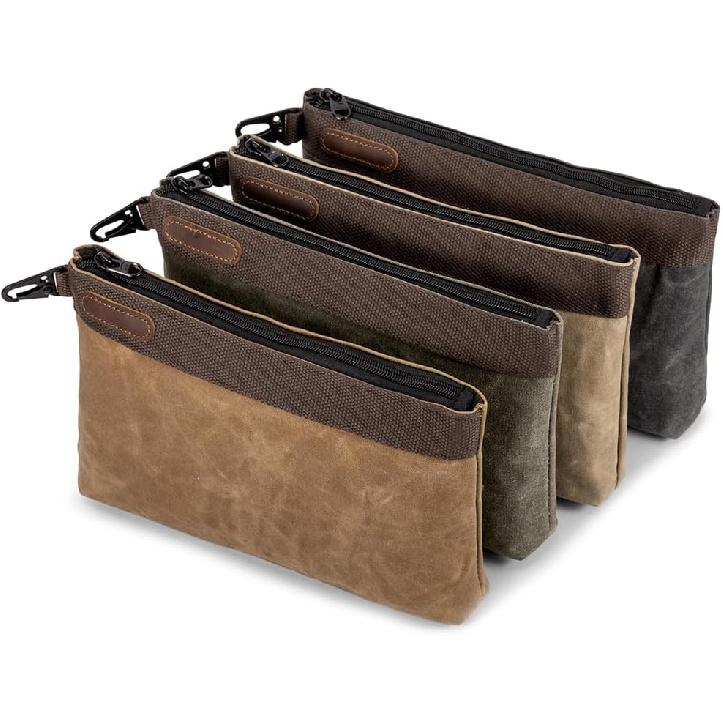 Waxed Canvas Tool Pouches 4 Pack – 13-Inch Heavy-Duty Zipper Tool Bags Set, Waterproof Utility Storage Pouches for Tools, Cables, Gear & Supplies
