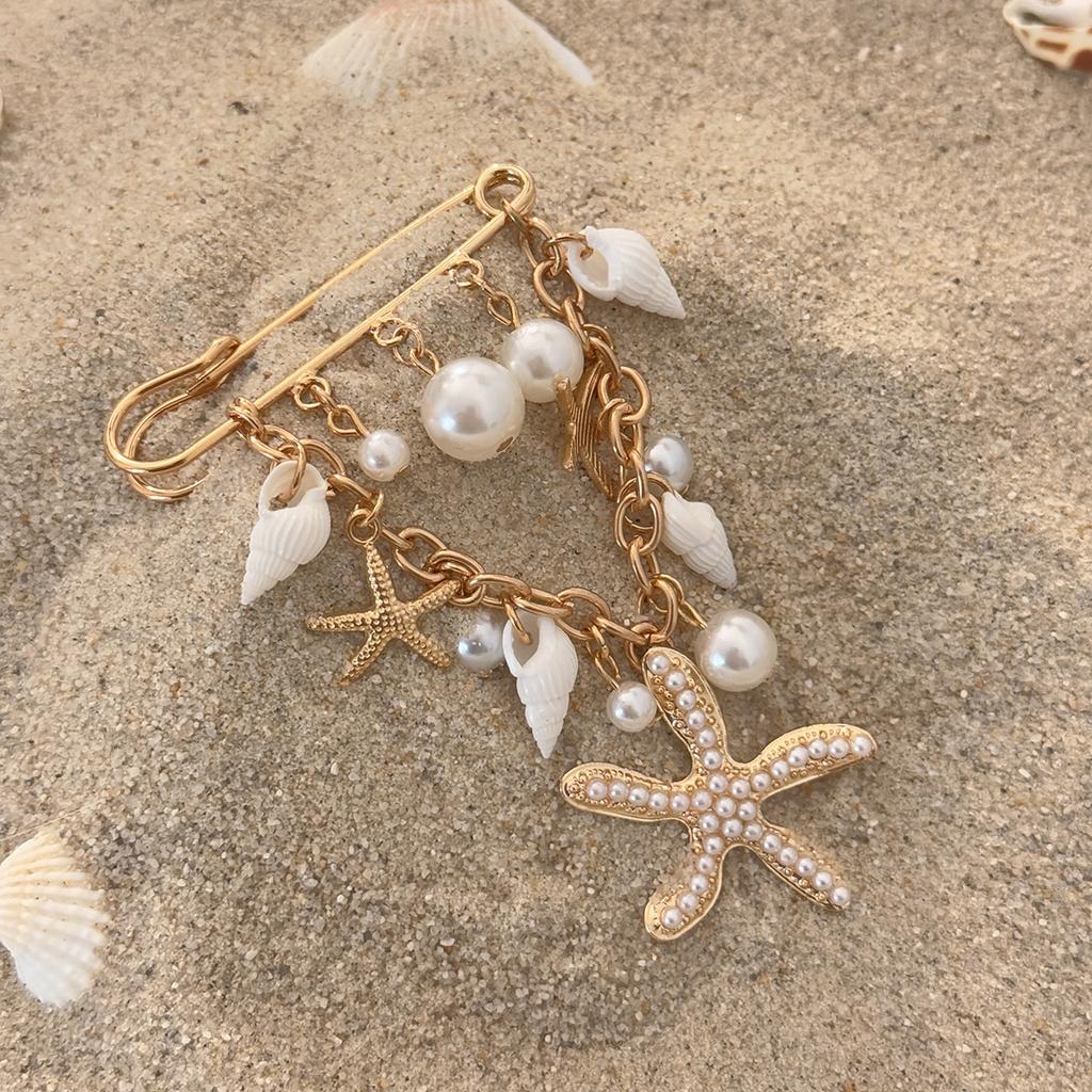 European and American ins ocean micro-inlaid pearl starfish brooch, niche conch fringed pin trouser chain multi-purpose clothing