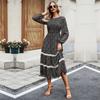Women Autumn Winter O Neck Lantern Sleeve Lace High Waist Pleated Printed Dress