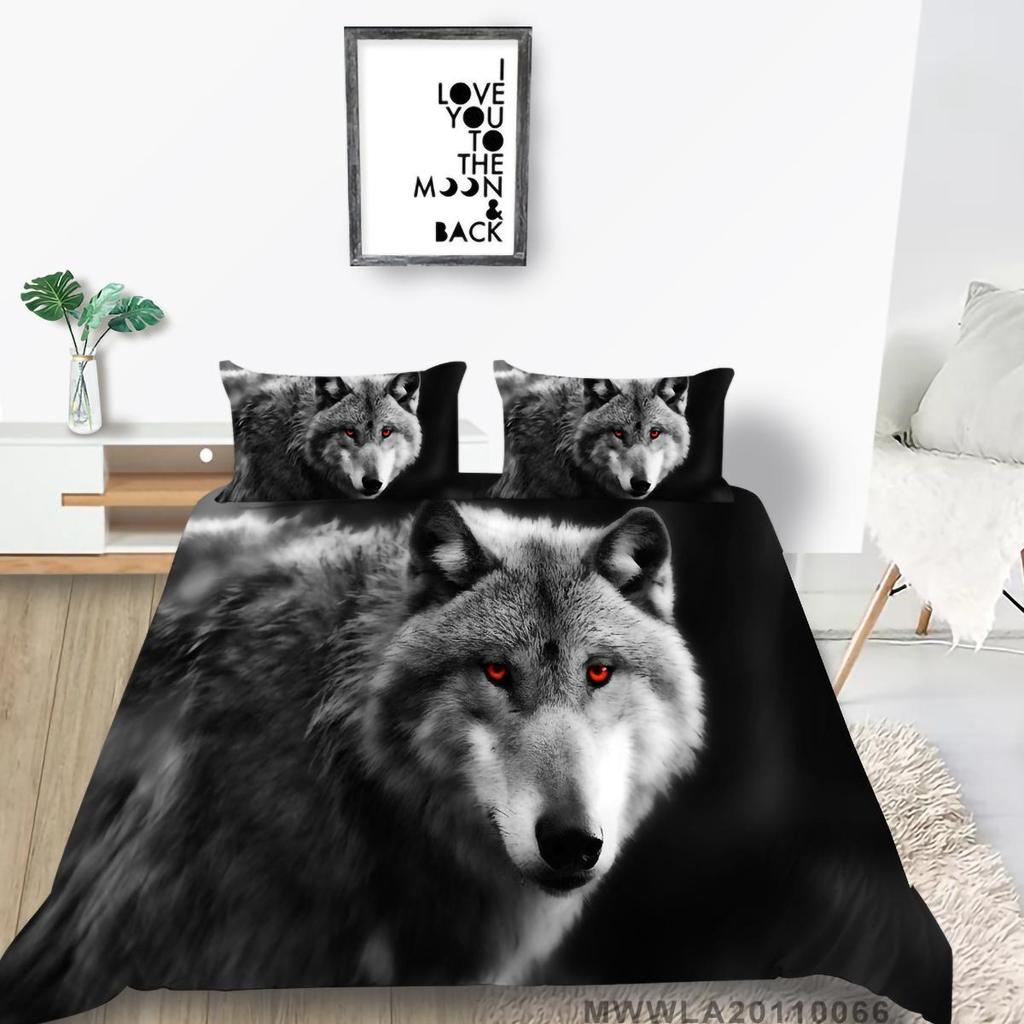 3D Wolf Print Pillowcase and Quilt Cover Full Size Bedroom Home Bedding Set Fashion Home Bedding Gift