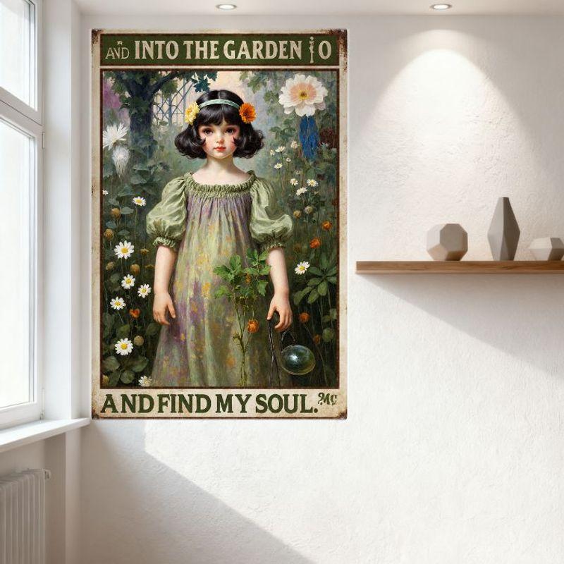 Vintage Style Young Girl in Lush Garden Metal Tin Sign - 'AND INTO THE GARDEN 10' Art Nouveau Romantic Poster for Home Decor, Ba