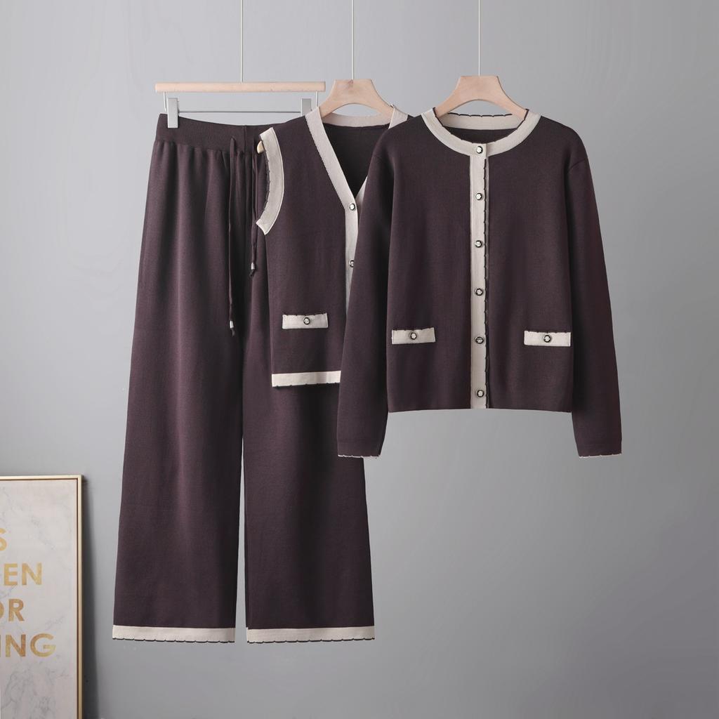Real shot Xiaoxiangfeng long-sleeved slim-fit knitted cardigan top women's autumn and winter new coat + vest + pants three-piece set