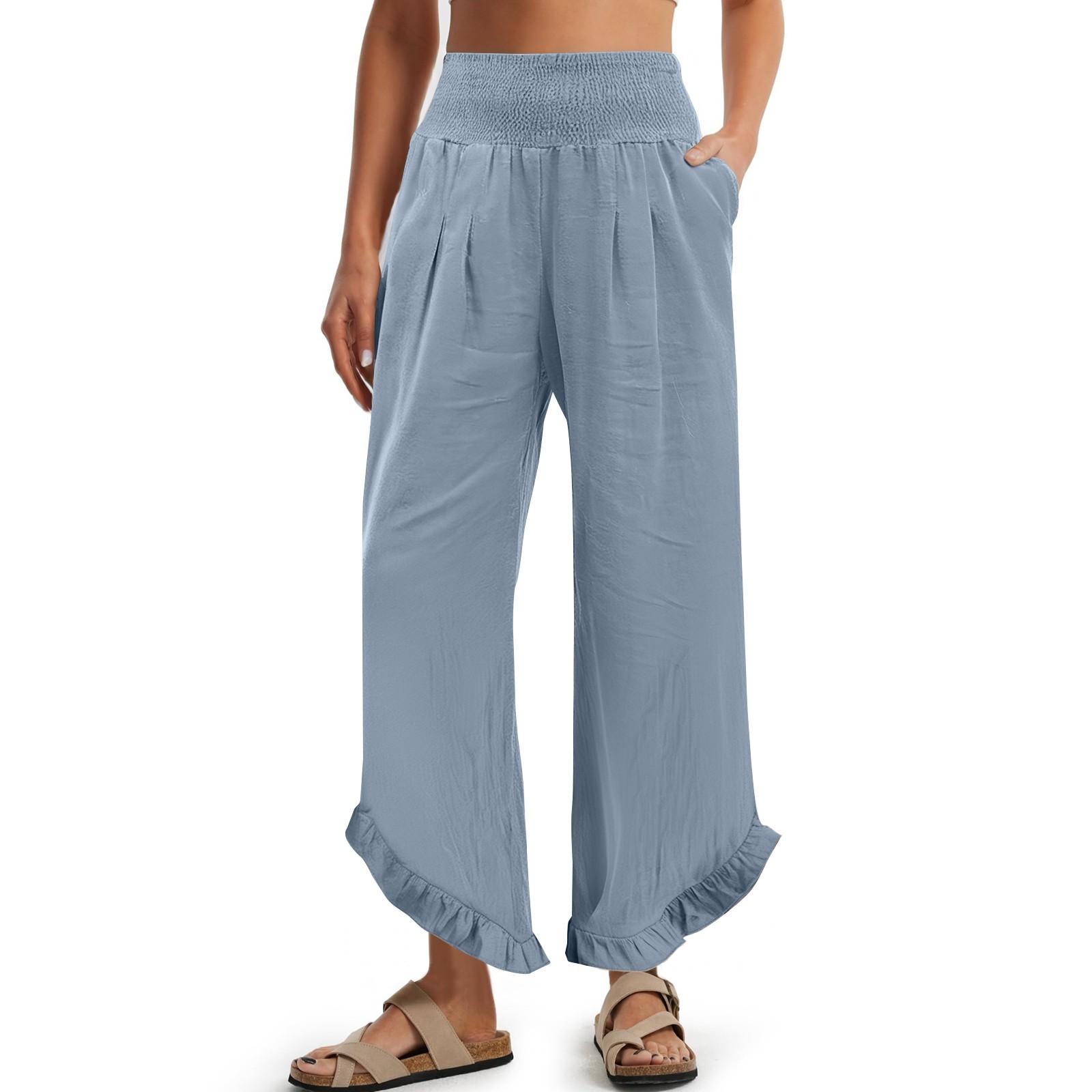 

Женские брюки-палаццо, летние повседневные струящиеся брюки с широкими штанинами, наряды для пляжа, путешествий, отпуска S