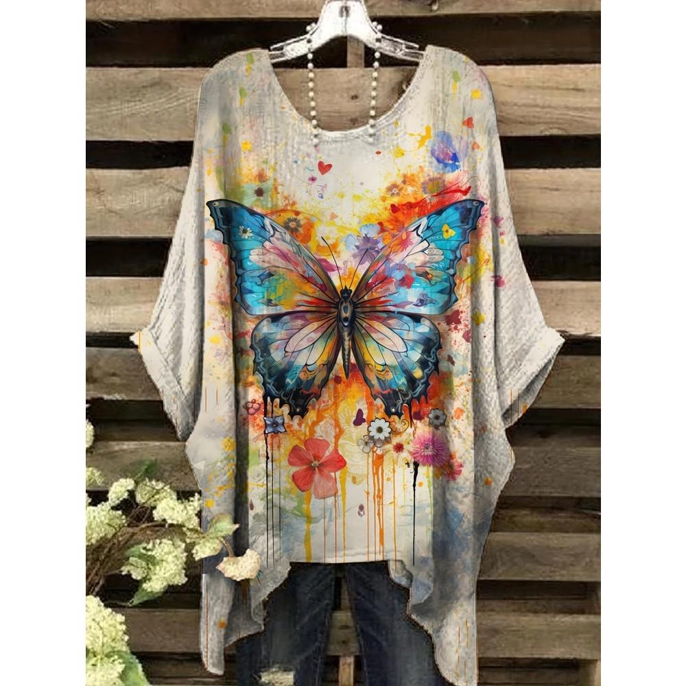 Sommar Dam Elegant Bohemisk Tvåfärgad T-shirt - Hjärta Blommigt Tryck med Fjäril Rund Hals Casual Blus Boho Älskare 2025