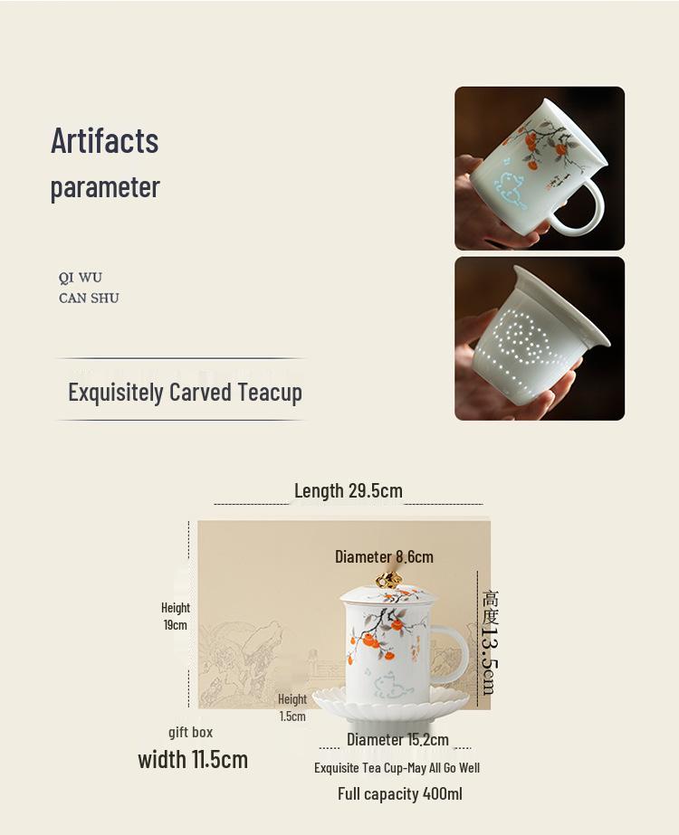 Exquisite Mutton Fat Jade Office Tea Cup Set with Lid & Filter