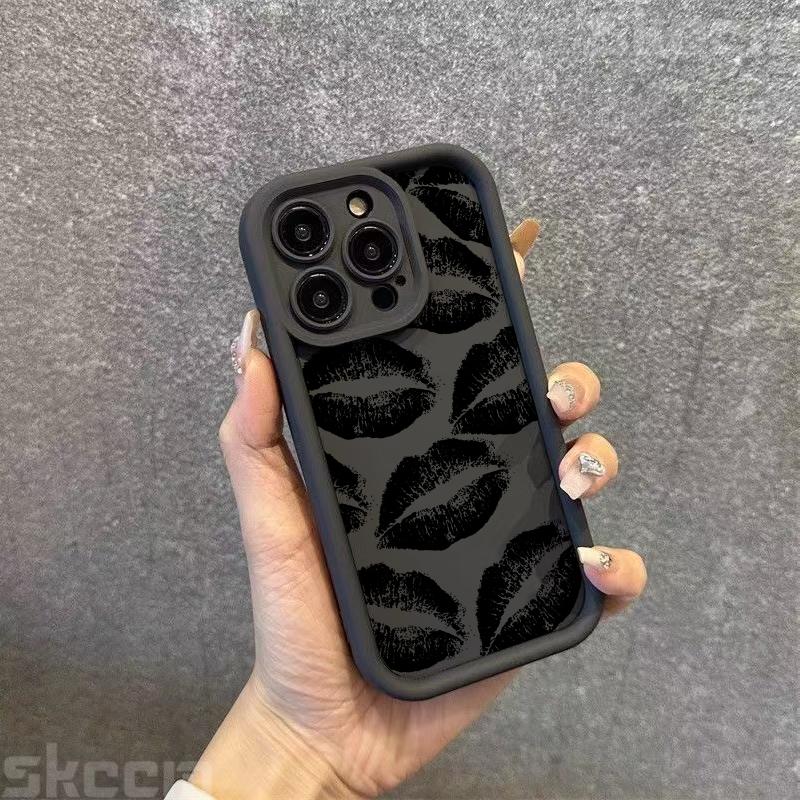 Custodia per Telefono in Morbido Silicone con Stampa Bacio Labbra Nere e Rosse per iPhone 16 Pro Max 15 14 Plus 11 12 13 7 8 Plus X XS XR 16E Cover