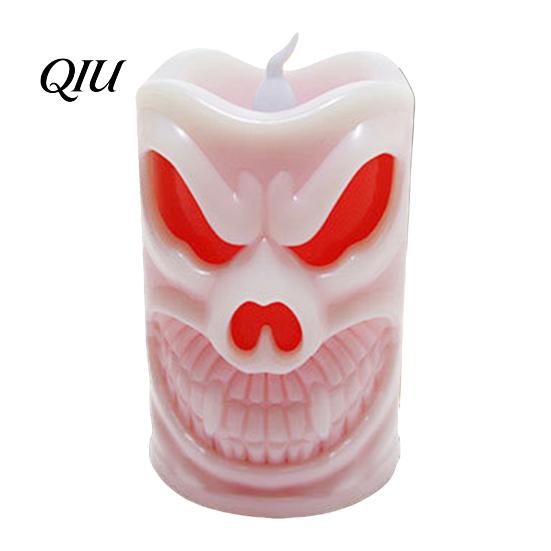 Battery Operated Spooky Candle Flameless Halloween with LED Light, Ghost Face Pumpkin Skull Design 3D Textured Safe Indoor Outdoor