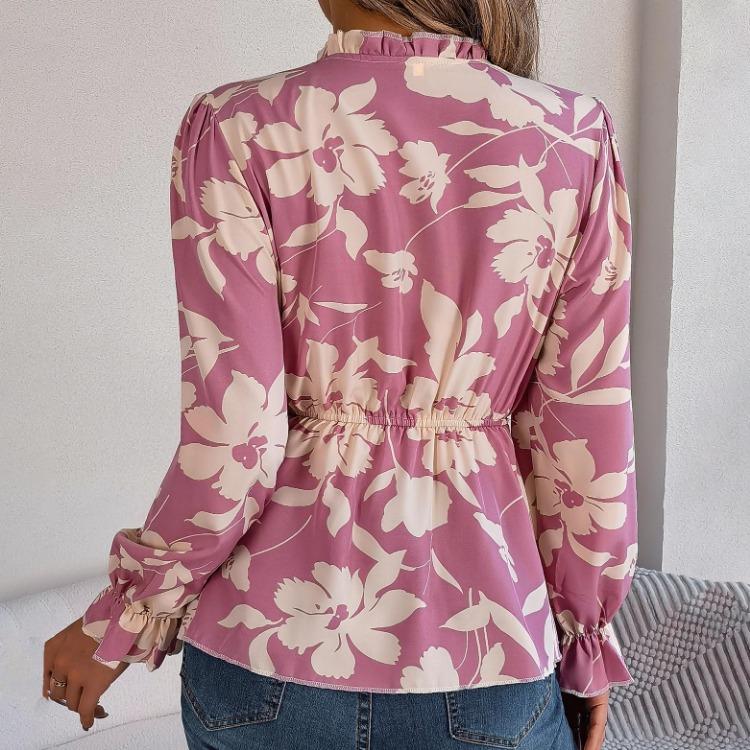 Women Long Sleeve V-Neck Blouse Feather Print Top Spring Autumn Fashion Temperament Shirt