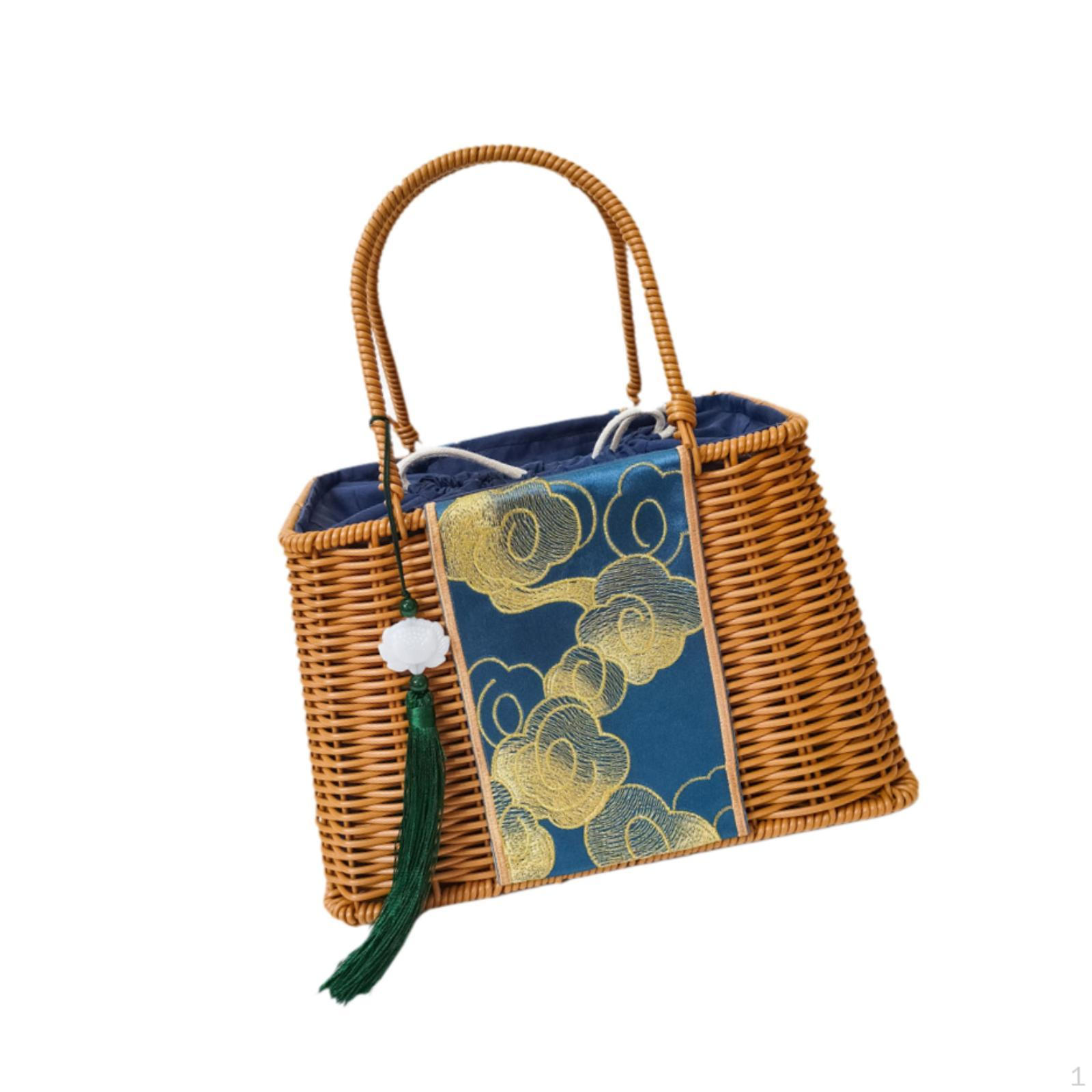 

Соломенная сумка из ротанговой ткани с застежкой на шнурке для женщин, совершающих покупки A