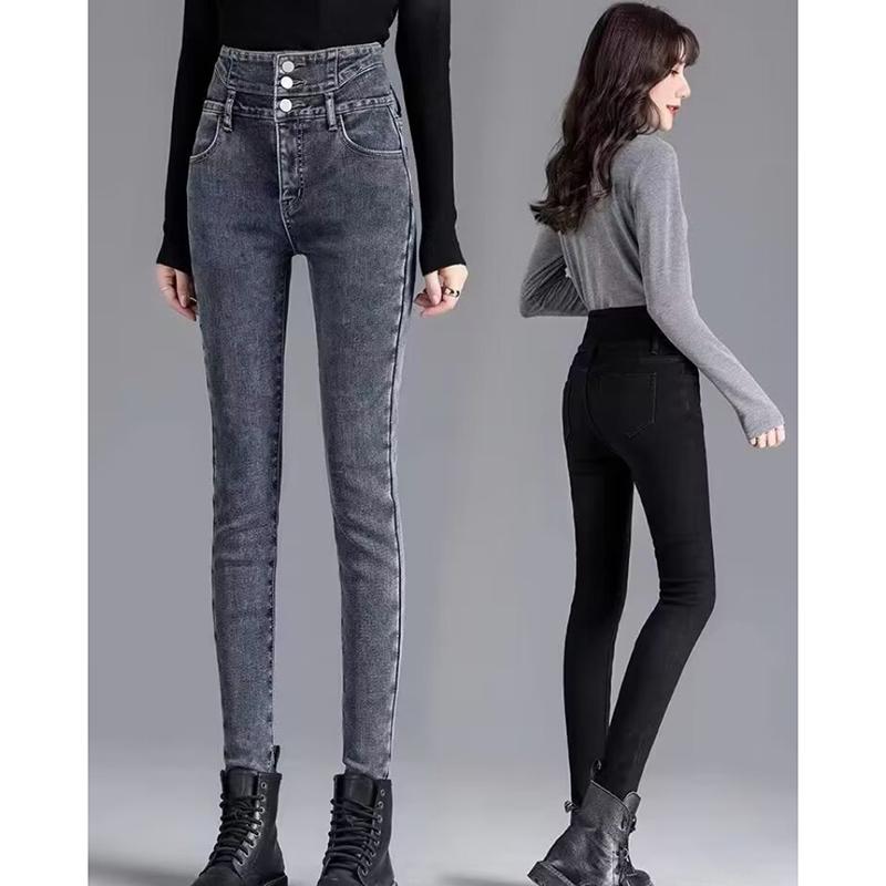 Fashion New Black Velvet Jeans Women Autumn and Winter High Waist Slim Fit Tight Plush Denim Pencil Pants Women Vintage Casual Jeans Trousers 25294