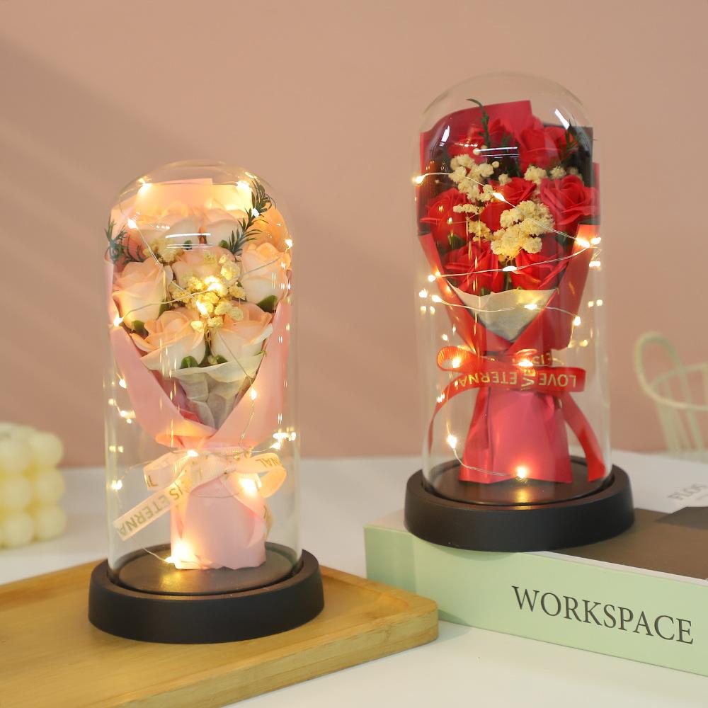 Glass cover exquisite ornament eternal dried flower rose soap bouquet Qixi Festival Valentine's Day birthday gift for boyfriend and girlfriend