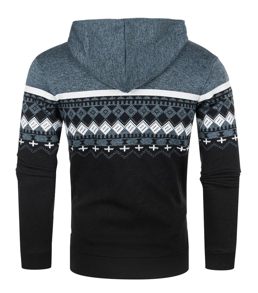 Men's Ethnic Style Hooded Knit Cardigan: Casual, Loose, Slim-Fit, Thin Fleece Sweater with Printed Design