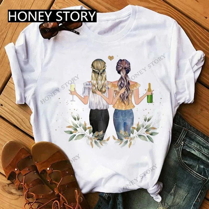 Summer Fashion Best Friends T-Shirt Short Sleeve Graphic Tees for Ladies Good Friend Bestie Sister Outfit Polyester Fabric