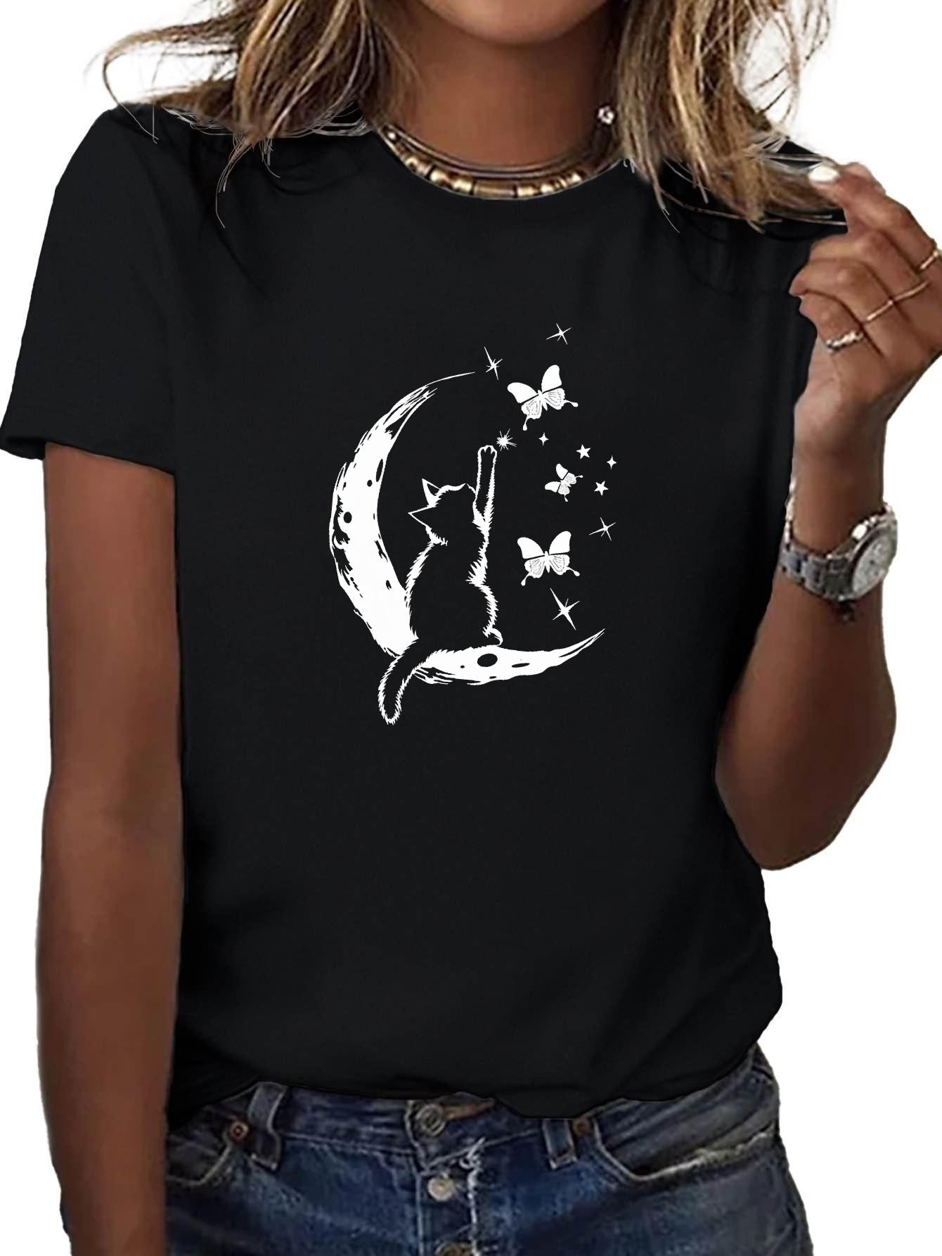 

Womens Soft TShirt with Stylish Cat Moon Illustration print Comfort Fit Crew Neck Short Sleeve Casual summer fashion Clothing S