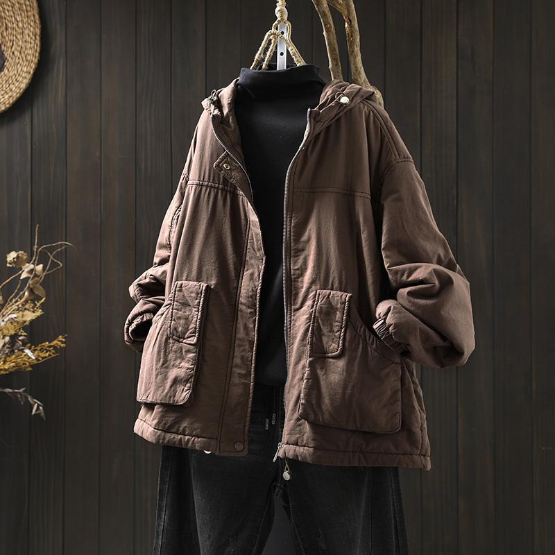 Women's Retro Casual Quilted Cotton Jacket with Hood, Large Pockets, Lightweight, Loose Fit, Plus Size, Winter Warm Outerwear.