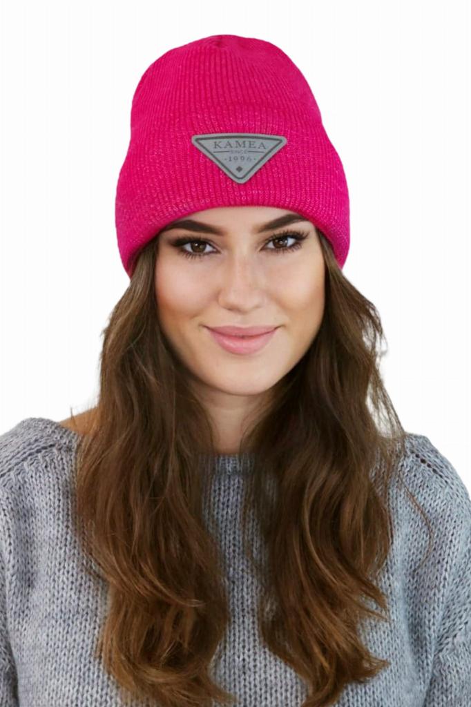 Naomi Beanie Winter Hat with Appliqué Raspberry Color