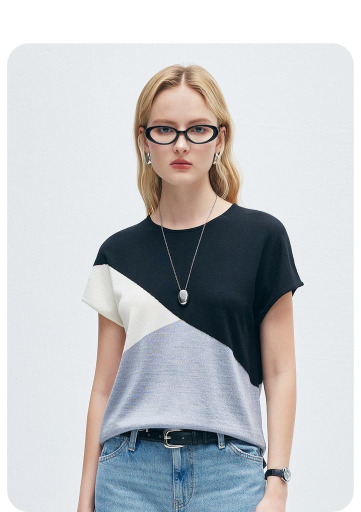 High End Color Blocking: Summer with Mulberry Silk Round Neck Fashionable and Versatile Anti-aging Wool Short Sleeved T-shirt for Women