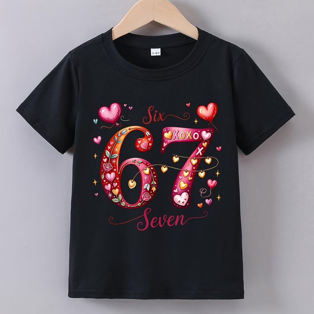 2026 Girls Fashion Tee 67 Heart Floral Pattern Soft Fabric Crew Neck Single Tee Breathable Daily Party Casual Wear