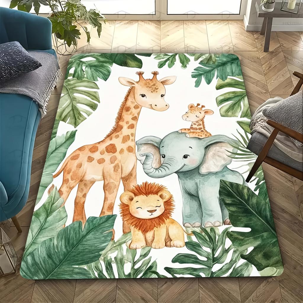 1pc Jungle Safari Animal Soft Anti-Slip Floor Mat – Giraffe, Elephant & Lion Design with Tropical Leaves, Durable Polyester Fl