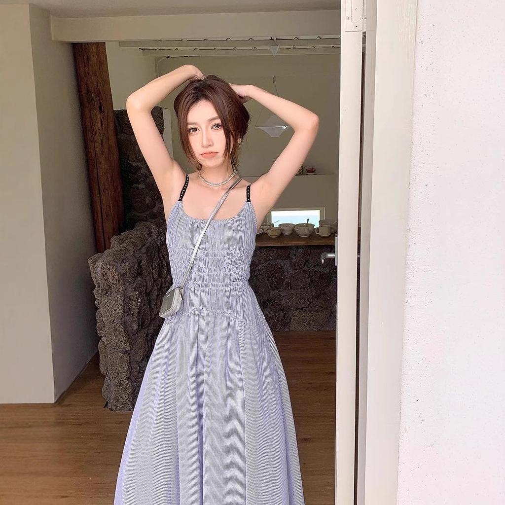 Women's Blue Suspender Dress - Summer 2025 French Seaside Holiday Waist-Cinching Long Dress