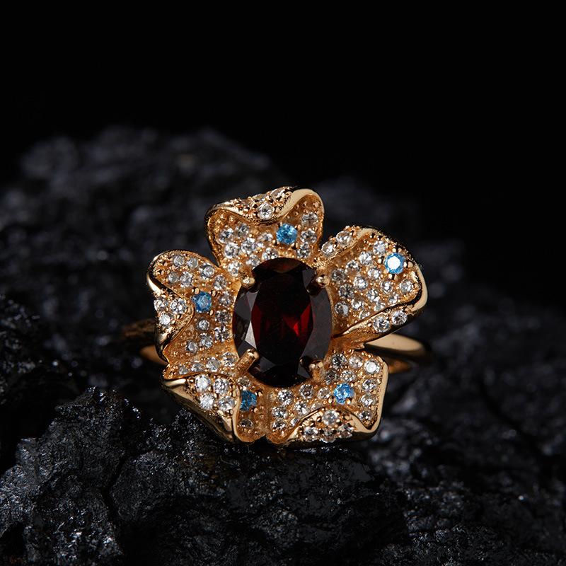 S925 Sterling Silver Natural Topaz Garnet Color Treasure Ring Women'S Fashion Trendy Flower Design Xiaohongshu