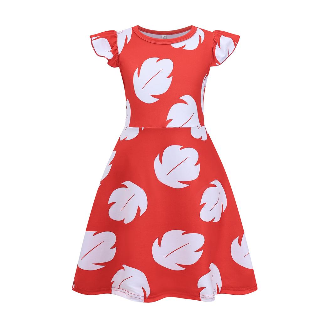 New children's girls' dress cosplay Liluo red dress with flutter sleeves and leaf print
