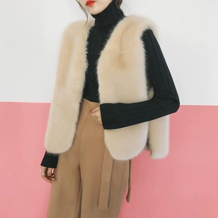 Imitation fur, imitation fox hair, side open lace-up vest jacket, short fur vest vest, female