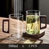 2pcs 500ml Glass Cups with Walnut Handle Household Heat-resistant Mug Large Capacity Tea Making Cup Office Drinking Glasses